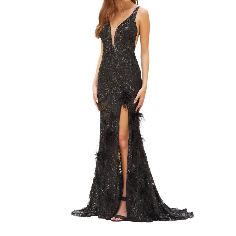 Black Sequin Feather-Accent V-Neck Prom Gown